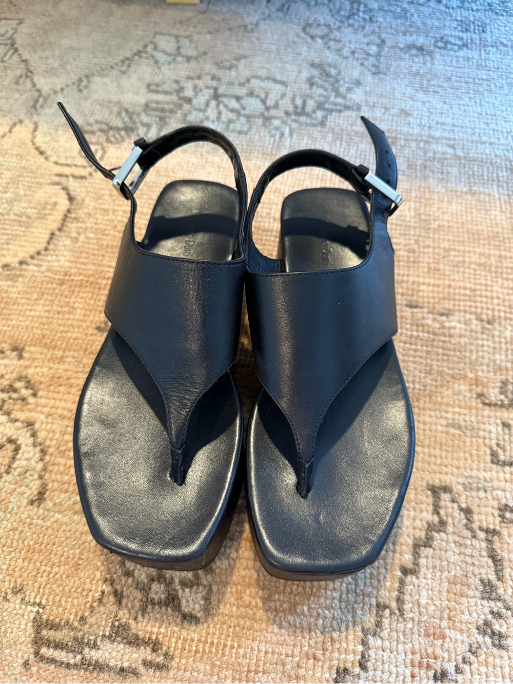 Massimo Dutti Black Leather Sandals with Wooden Block Platform Wedge